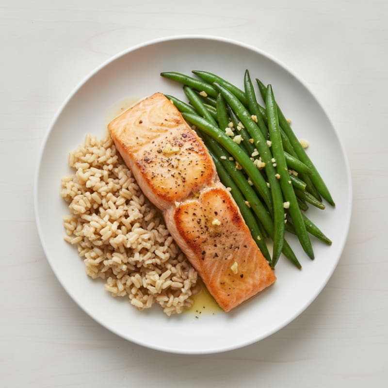 Seared Salmon with Garlic Green Beans and Brown Rice