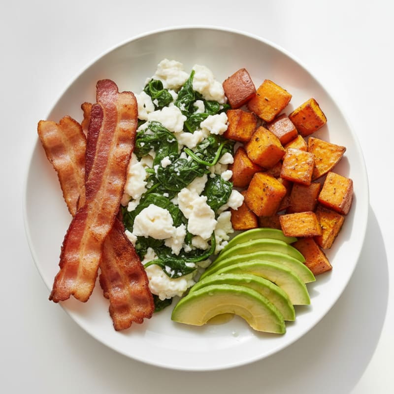 Crispy Turkey Bacon and Egg White Scramble with Sautéed Spinach