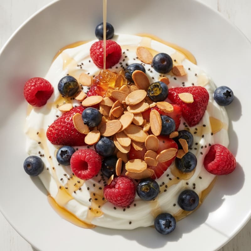 Greek Yogurt Bowl with Crunchy Almonds and Mixed Berries