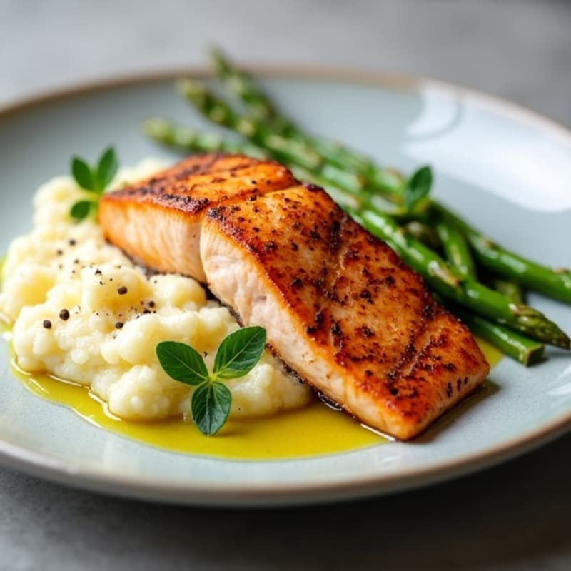 Seared Salmon Fillet with Steamed Asparagus and Cauliflower Mash