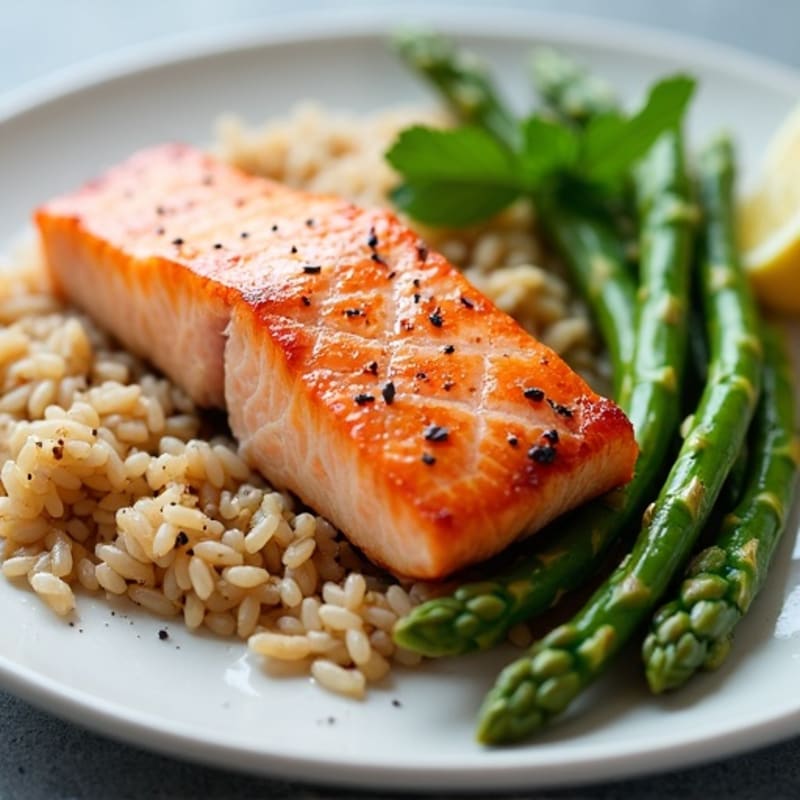 Seared Salmon with Steamed Asparagus and Brown Rice