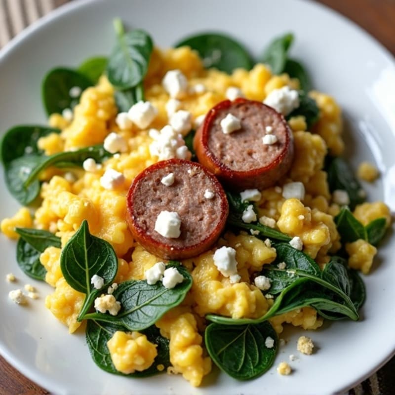 Egg White Scramble with Turkey Sausage and Sautéed Spinach