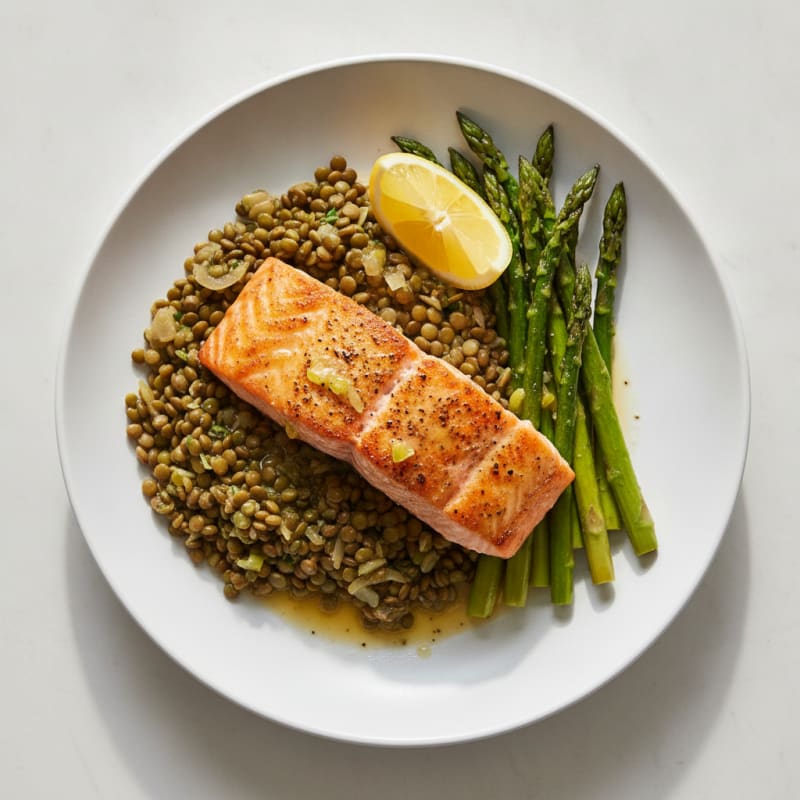 Seared Salmon Fillet with Garlicky Lentil Pilaf and Roasted Asparagus