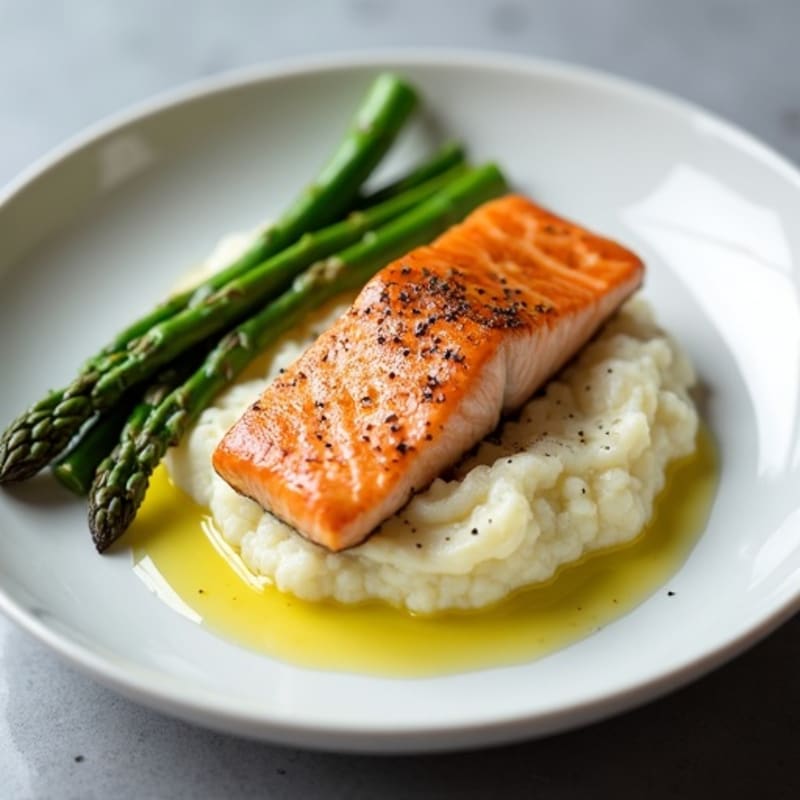 Seared Salmon with Steamed Asparagus and Garlic Cauliflower Mash