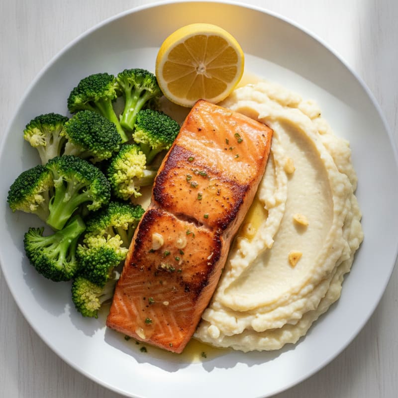 Seared Salmon Fillet with Steamed Broccoli and Garlic Cauliflower Mash