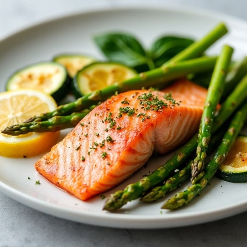 Seared Salmon Fillet with Roasted Asparagus and Zucchini