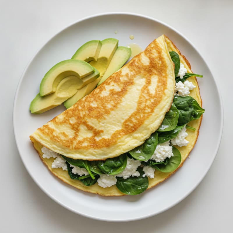 Crispy Egg White Omelette with Cottage Cheese and Sautéed Spinach