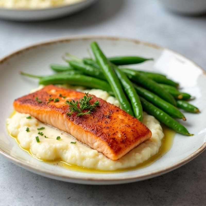 Seared Salmon with Steamed Green Beans and Cauliflower Mash