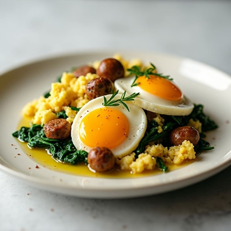 Egg White Scramble with Turkey Sausage and Sautéed Spinach