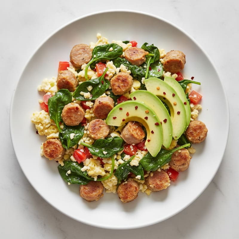Egg White and Turkey Sausage Scramble with Sautéed Spinach