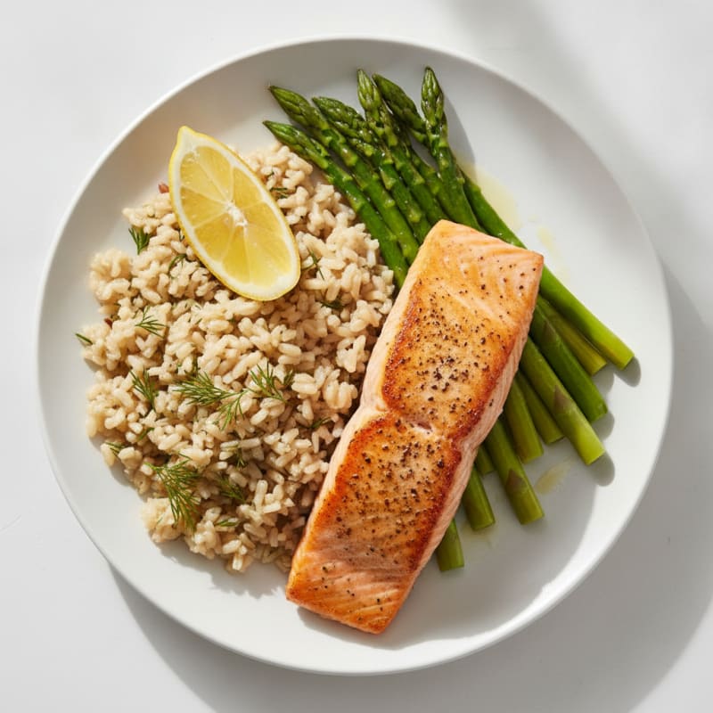 Seared Salmon with Steamed Asparagus and Herbed Brown Rice
