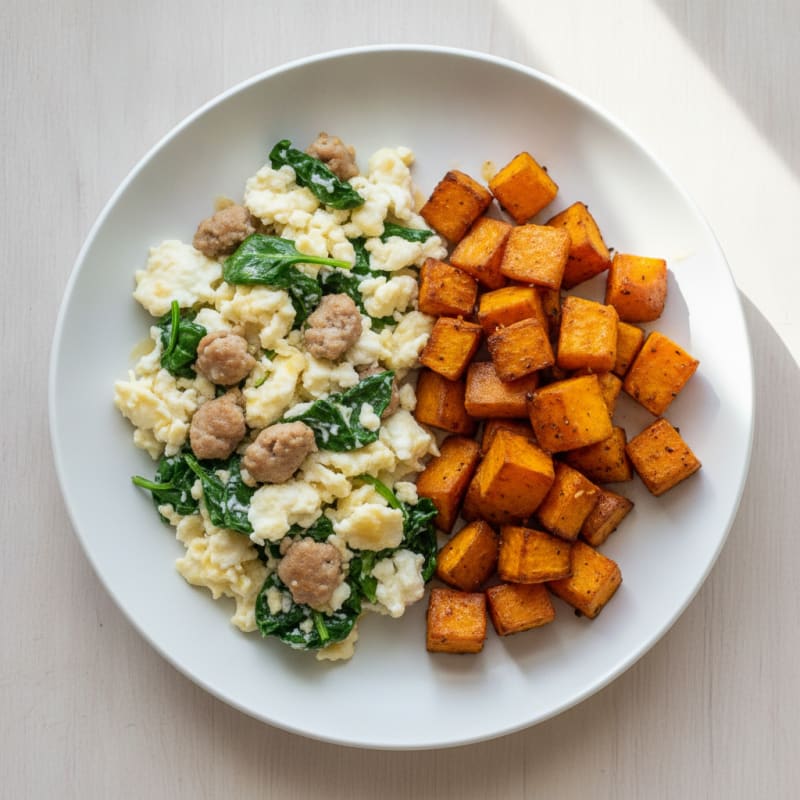 Egg White and Turkey Sausage Scramble with Spinach and Roasted Sweet Potatoes
