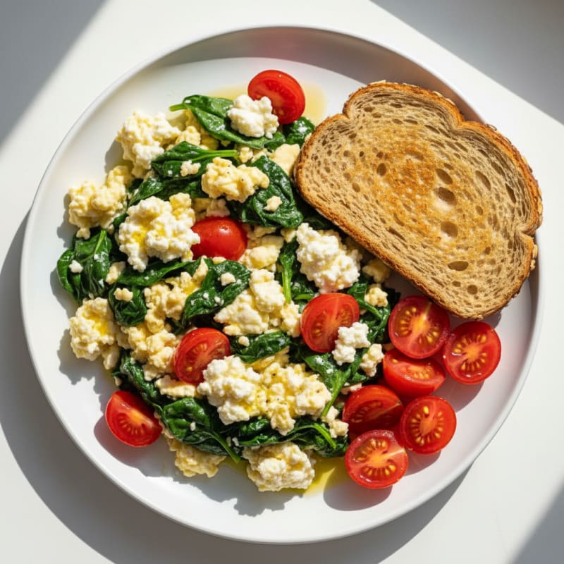 Egg White and Spinach Scramble with Cottage Cheese and Cherry Tomatoes