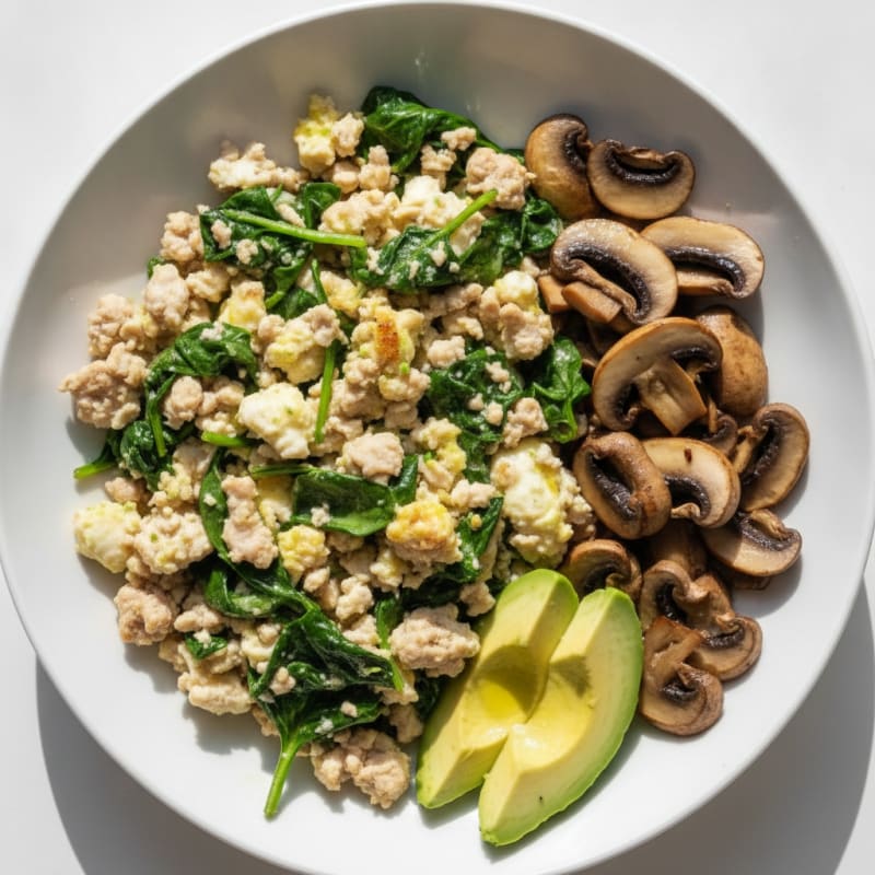 Egg White and Turkey Spinach Scramble with Sautéed Mushrooms