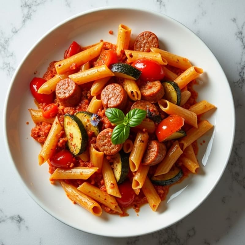 Hearty Lean Sausage Ragu with Whole Wheat Penne and Roasted Vegetables