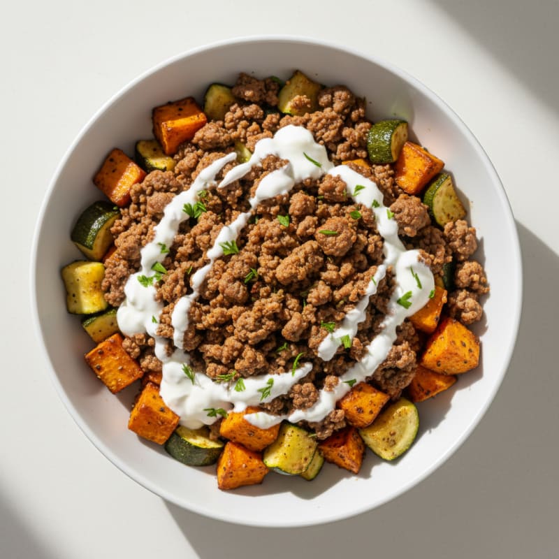 Ground Beef and Roasted Vegetable Bowl with Greek Yogurt Drizzle