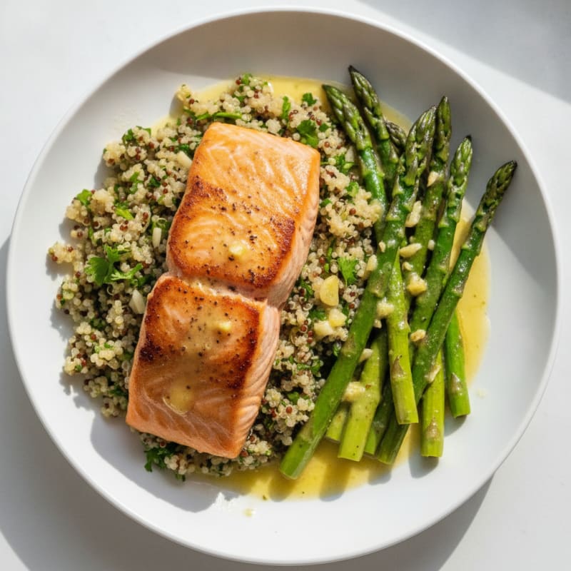 Seared Salmon Filet with Quinoa Pilaf and Lemon-Garlic Asparagus