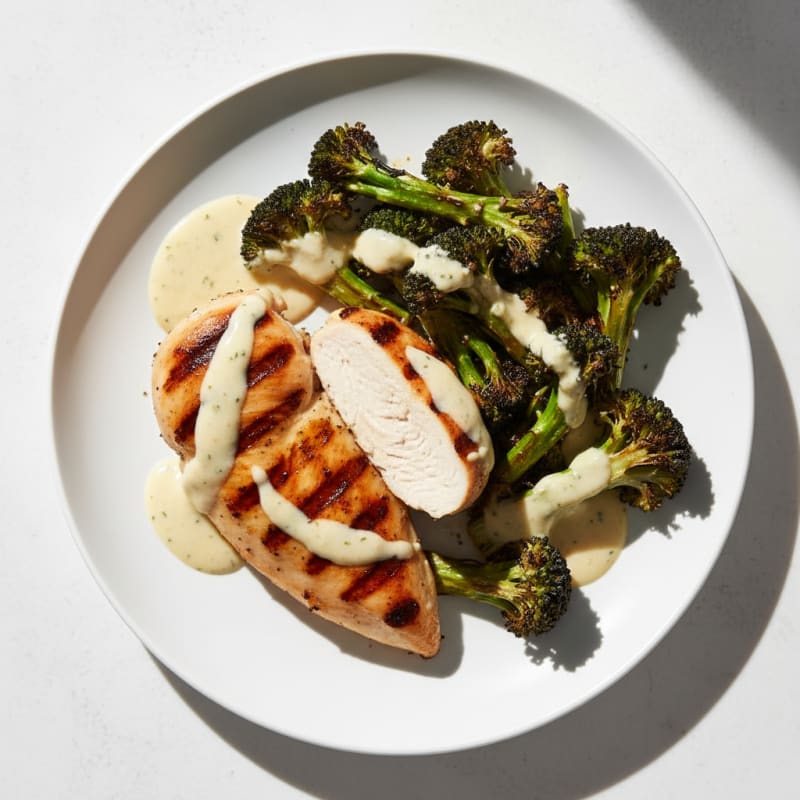 Grilled Chicken Breast with Roasted Broccoli and Lemon Tahini Drizzle