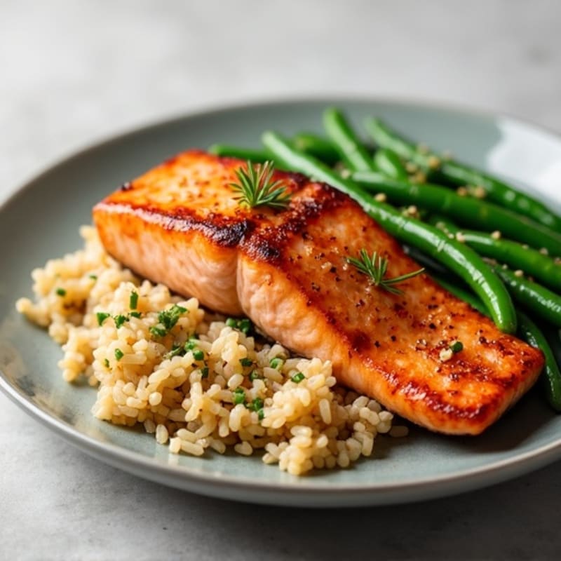 Seared Salmon Fillet with Garlic Green Beans and Brown Rice