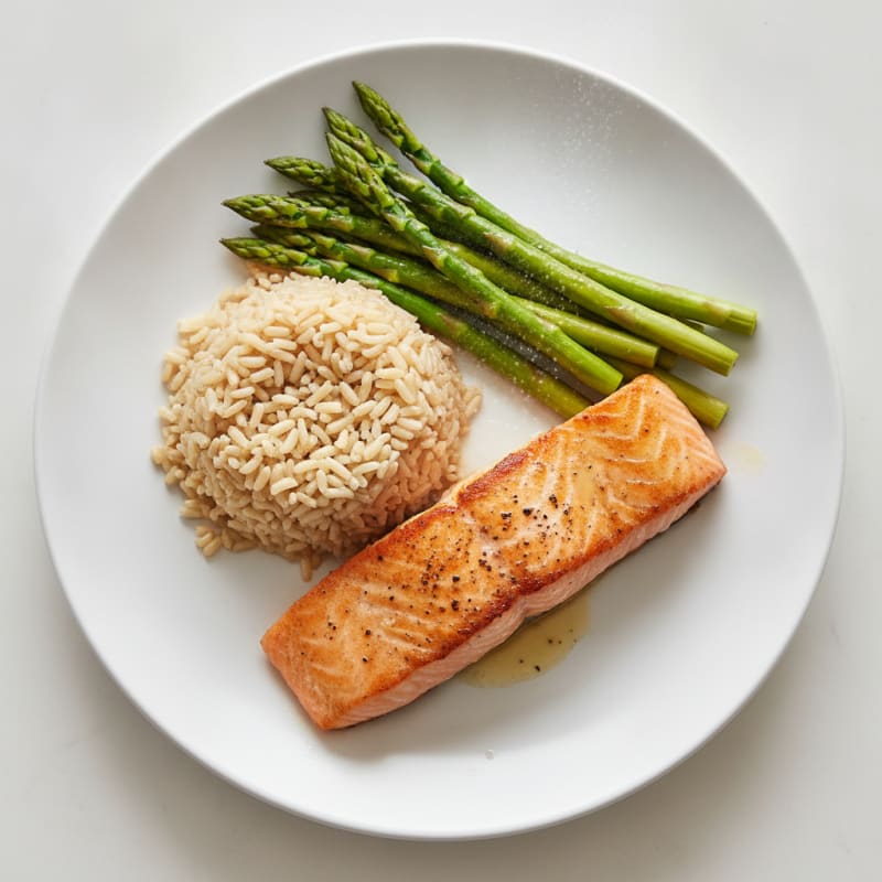 Seared Salmon with Steamed Asparagus and Brown Rice