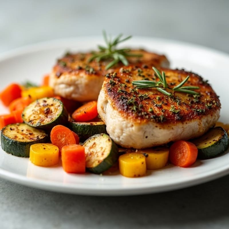 Herb-Crusted Pan-Seared Pork Chops with Roasted Vegetables