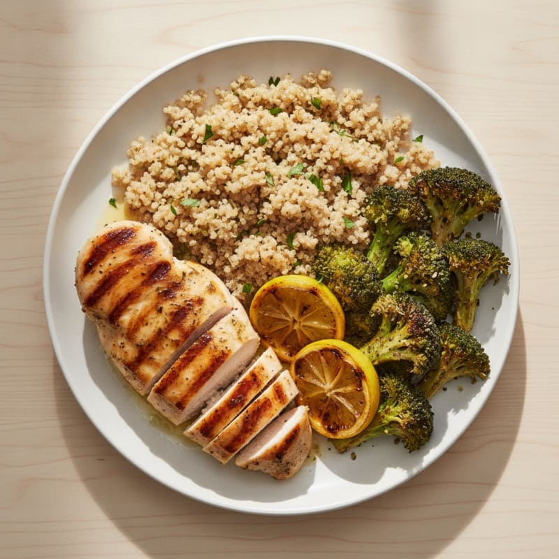 Grilled Chicken Breast with Quinoa and Roasted Broccoli