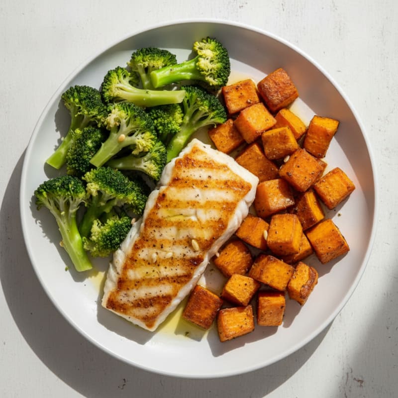Pan-Seared Cod with Roasted Sweet Potato and Steamed Broccoli