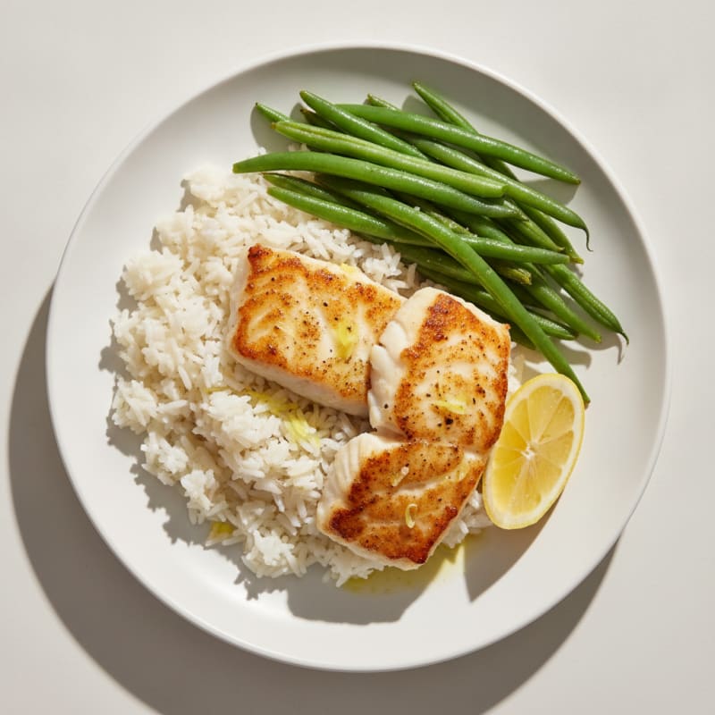 Seared Fish with Steamed Rice and Crunchy Green Beans