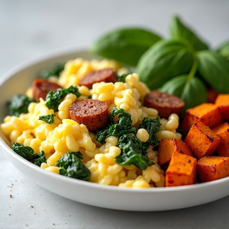 Egg White and Turkey Sausage Scramble with Spinach and Roasted Sweet Potato