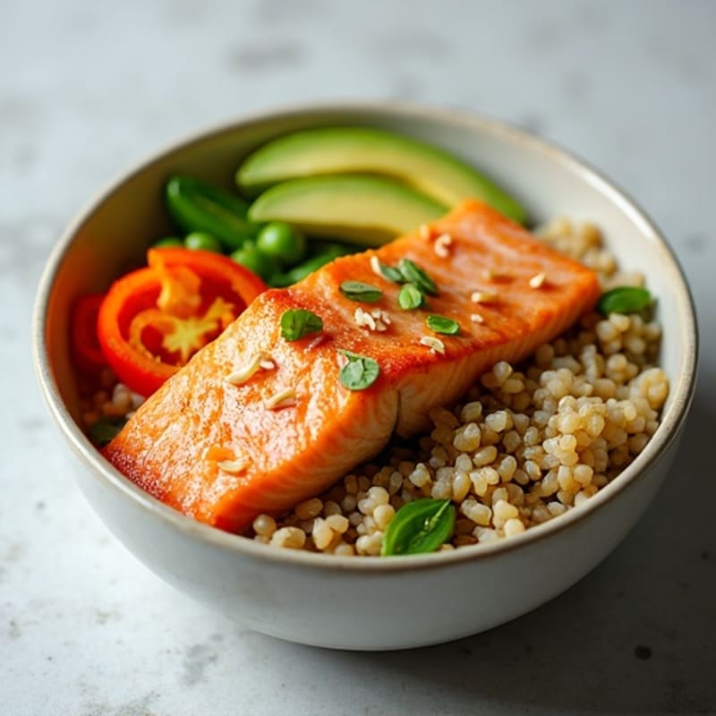 Flaked Salmon with Sesame-Ginger Brown Rice, Creamy Avocado, and Crisp Vegetables