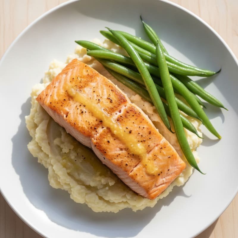 Seared Salmon with Steamed Green Beans and Garlic Mashed Cauliflower
