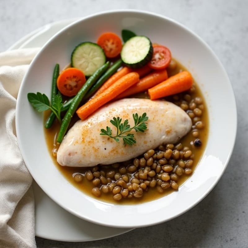Poached Chicken Breast with Steamed Vegetables and Lentil Soup
