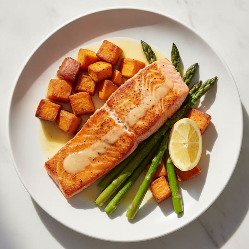 Seared Salmon with Roasted Sweet Potato and Asparagus