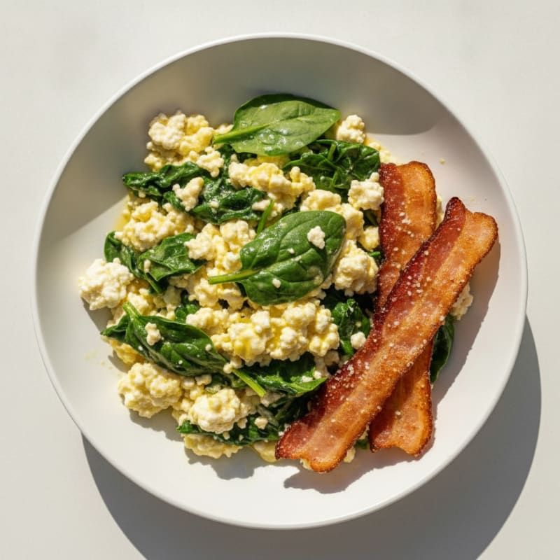 Cottage Cheese Scramble with Spinach and Turkey Bacon