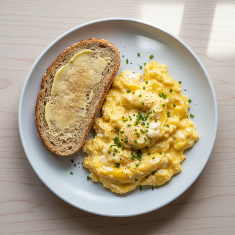 Fluffy Scrambled Eggs with Warm Bread Roll