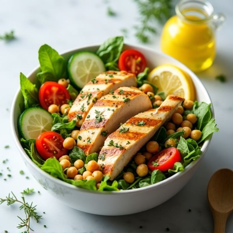 Lemon-Herb Grilled Chicken Salad Bowl with Crispy Greens and Chickpeas