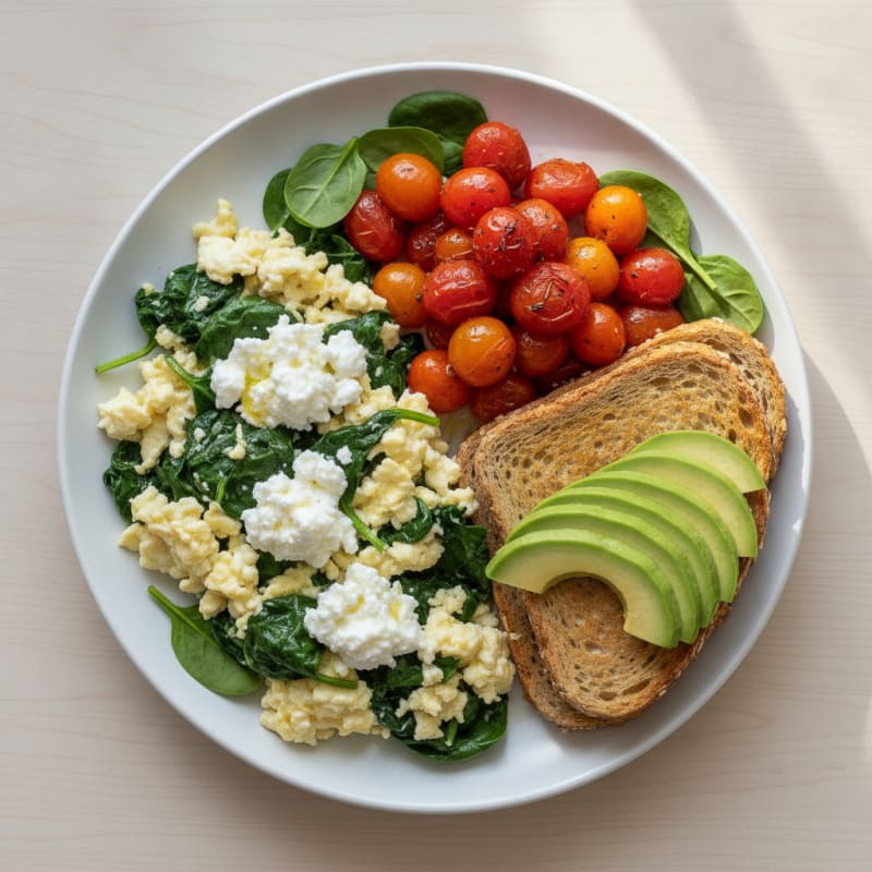 Egg White Spinach Scramble with Cottage Cheese and Cherry Tomatoes