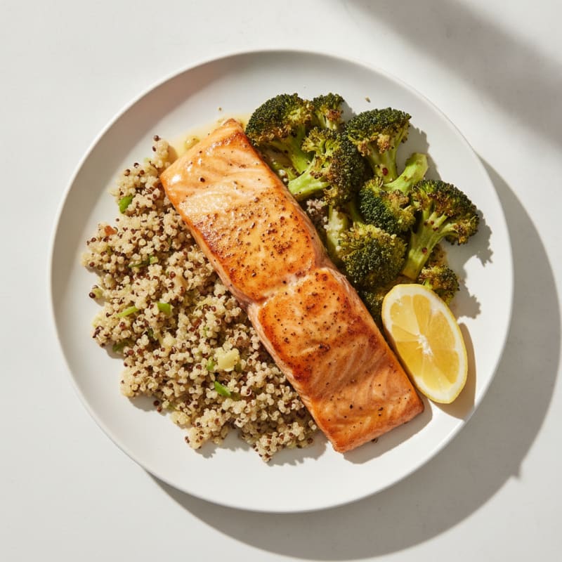 Seared Salmon Fillet with Roasted Broccoli and Garlic Quinoa