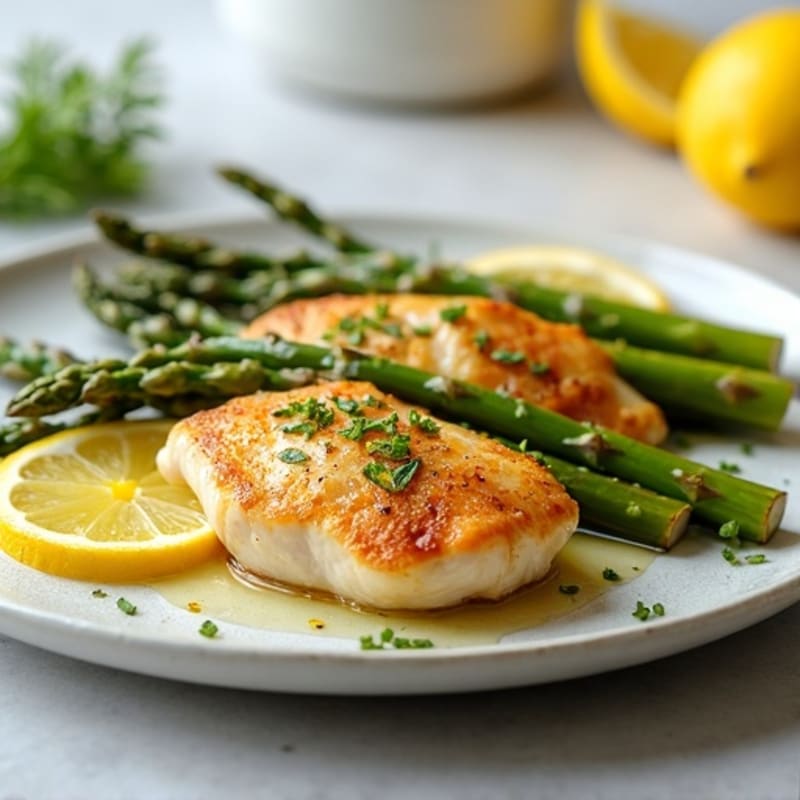Lemon Garlic Pan-Seared Chicken with Roasted Asparagus