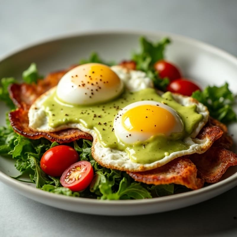 Healthy Poached Eggs with Crispy Turkey Bacon, Creamy Avocado Sauce, and Fresh Greens