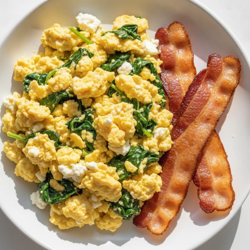 Cottage Cheese Egg Scramble with Spinach and Turkey Bacon