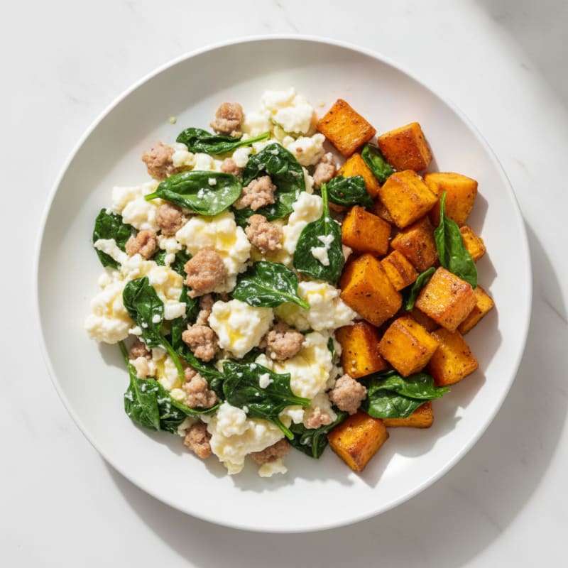 Egg White and Turkey Sausage Scramble with Spinach and Roasted Sweet Potato