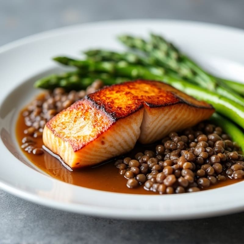 Seared Salmon Fillet with Steamed Asparagus and Lentils