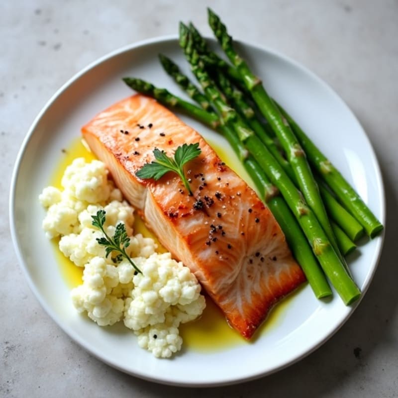 Seared Salmon with Steamed Asparagus and Garlic Mashed Cauliflower