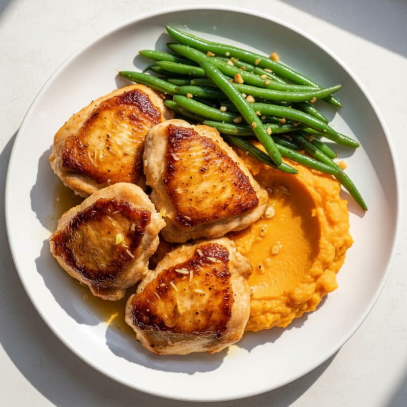 Seared Chicken Thighs with Garlic Green Beans and Sweet Potato Mash