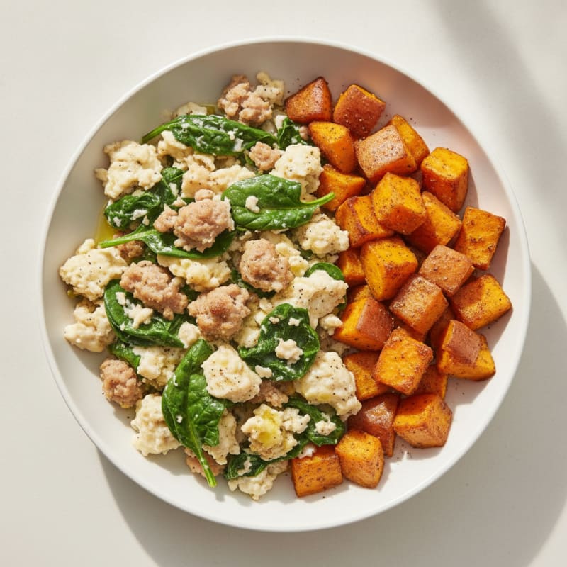 Egg White Spinach Scramble with Turkey Sausage and Roasted Sweet Potato