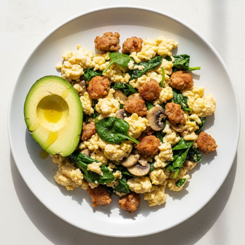 Egg White and Turkey Sausage Scramble with Spinach and Mushrooms