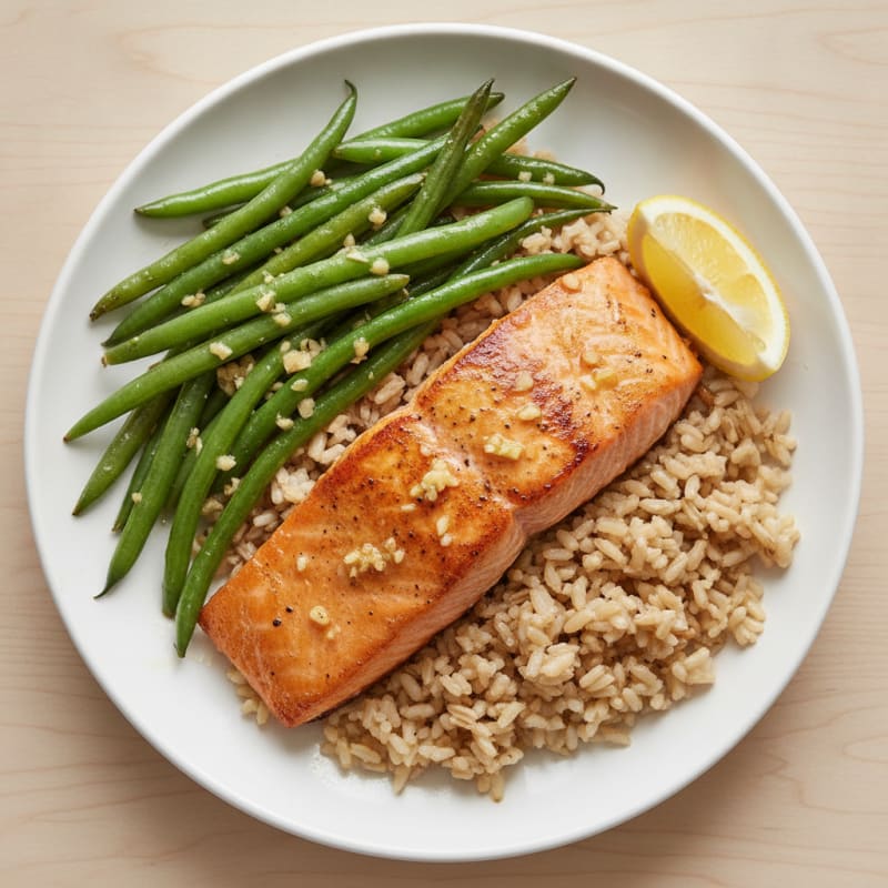 Seared Salmon Fillet with Garlic Green Beans and Brown Rice