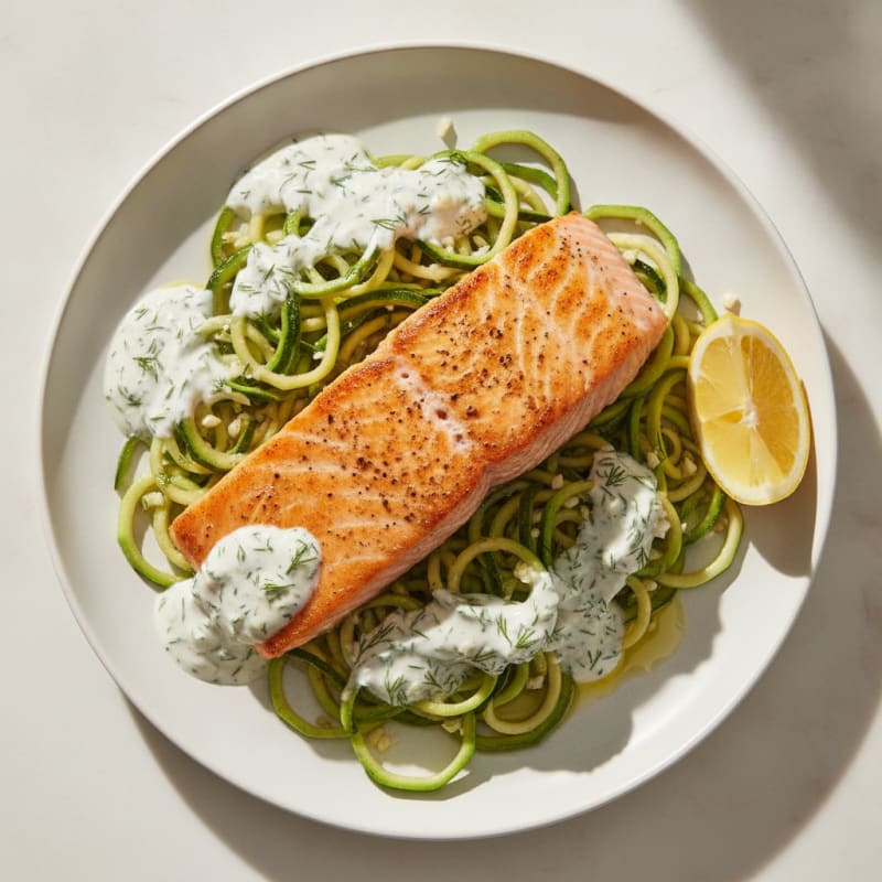 Seared Salmon with Zucchini Noodles and Herbed Yogurt Sauce