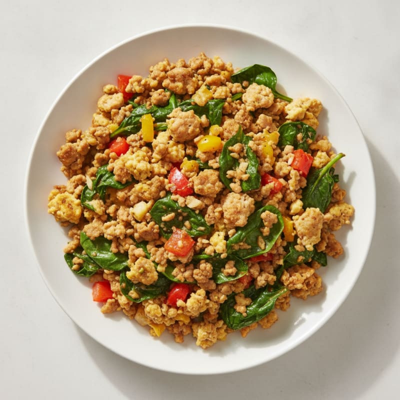 Turkey Veggie Egg Scramble with Sautéed Spinach